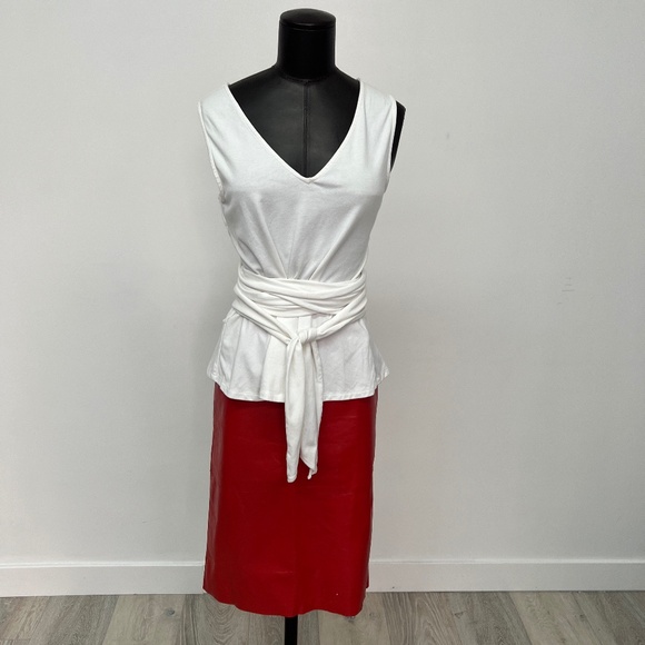 White Wrap Tie Tank Top & Red Leather Pencil Skirt | Modern Minimalist Look - Picture 2 of 5